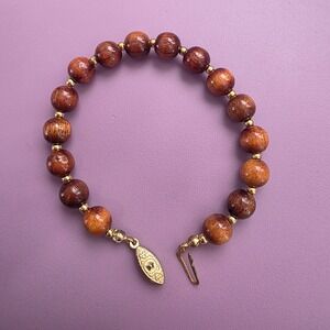 Vintage Wood Bead Bracelet Gold Tone Spacers Ornate Hook Clasp Brown Boho 8 inch